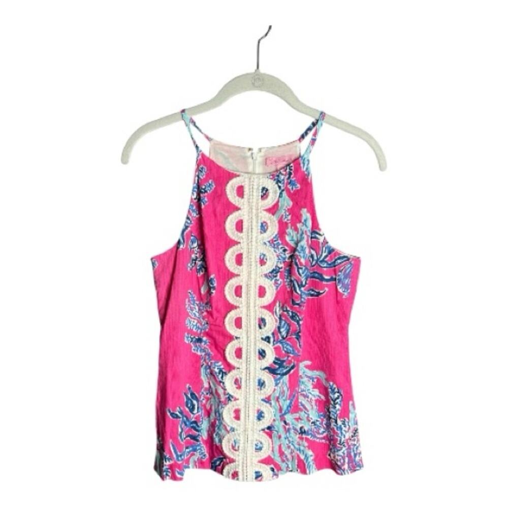 Lilly Pulitzer Pink White Cotton Sleeveless Halter Top Zipper Back Size 2